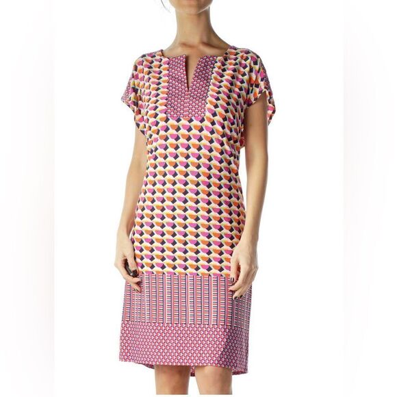 Laundry by Shelli Segal bright geometric print stretch lined pullover midi. Med - Picture 1 of 7